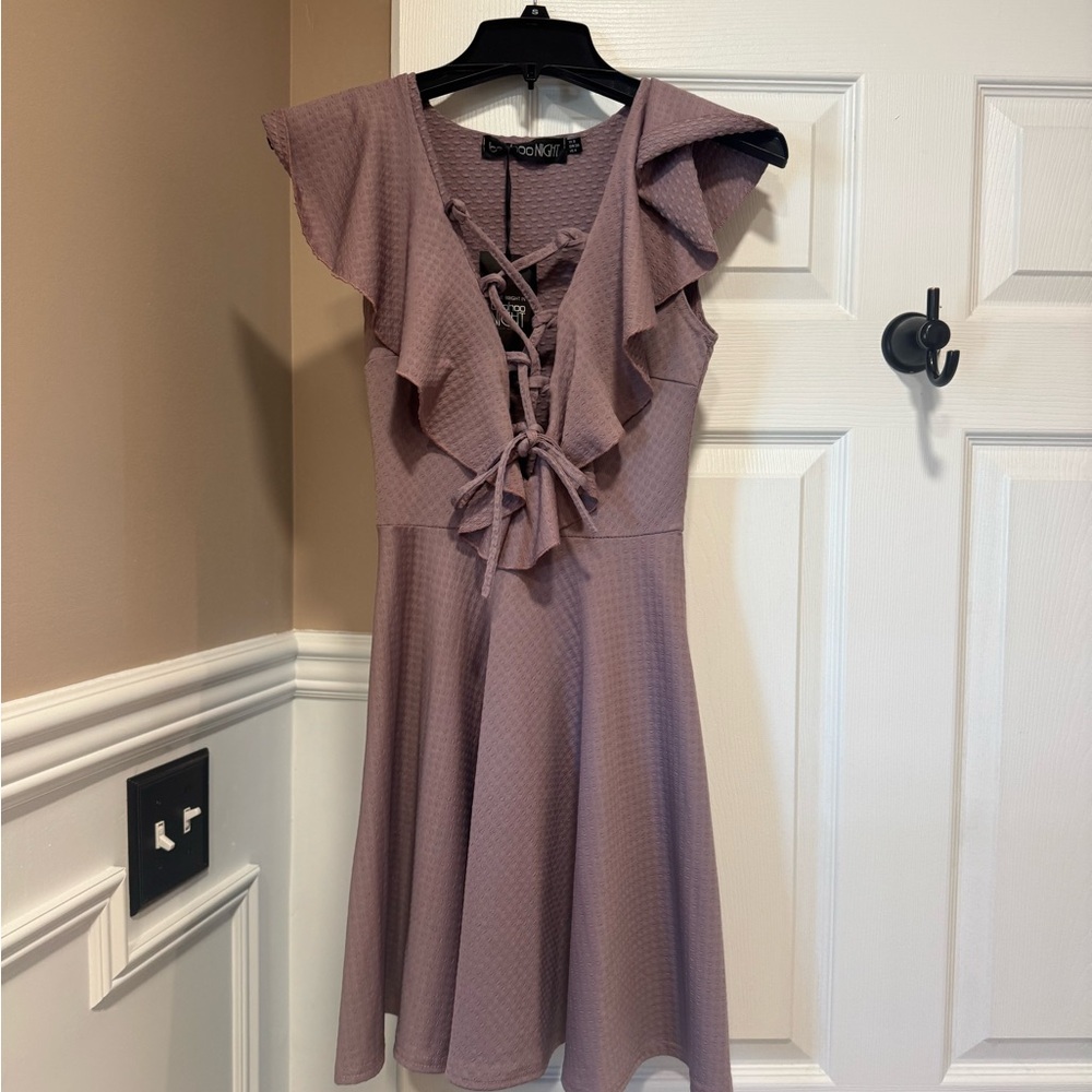 Boohoo Asymmetrical Mauve Dress with Ruffles